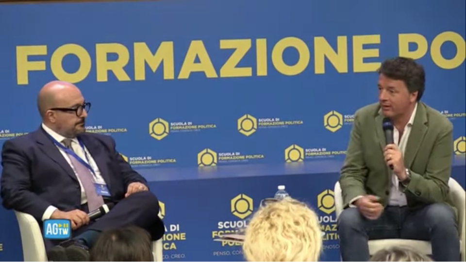 Il leader di Italia Viva Matteo Renzi, intervistato dal Direttore del Tg2 Gennaro Sangiuliano alla scuola della Lega