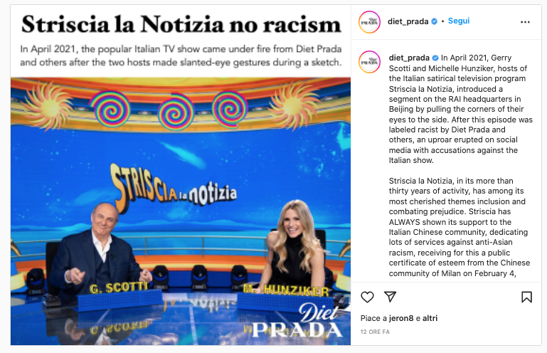 Il post di Diet Prada che fa dietrofront ammettendo che Striscia la Notizia non è razzista (da Instagram)
