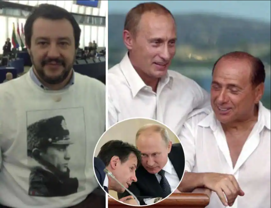 Matteo Salvini, Giuseppe Conte e Silvio Berlusconi con Vladimir Putin (ph. Dagospia)