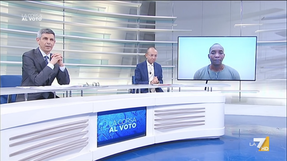 Paolo Celata, Alessandro De Angelis e il candidato Aboubakar Soumahoro a La corsa al voto su La7