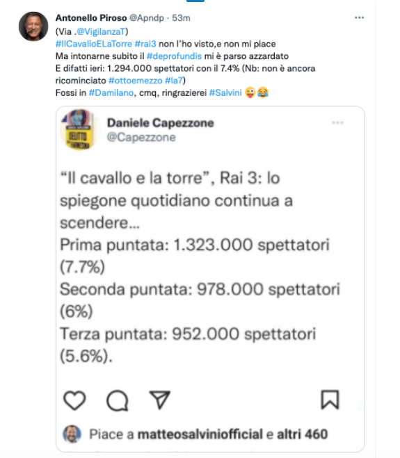 Tweet di Antonello Piroso sulla gufata di Matteo Salvini e Daniele Capezzone contro Marco Damilano