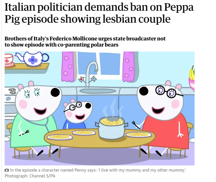 L'articolo del quotidiano britannico TheGuardian sul caso di Peppa Pig LGBTQ+ sollevato da Fratelli d'Italia